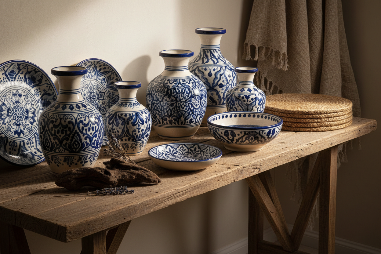 blue pottery and home decor with light dark colours